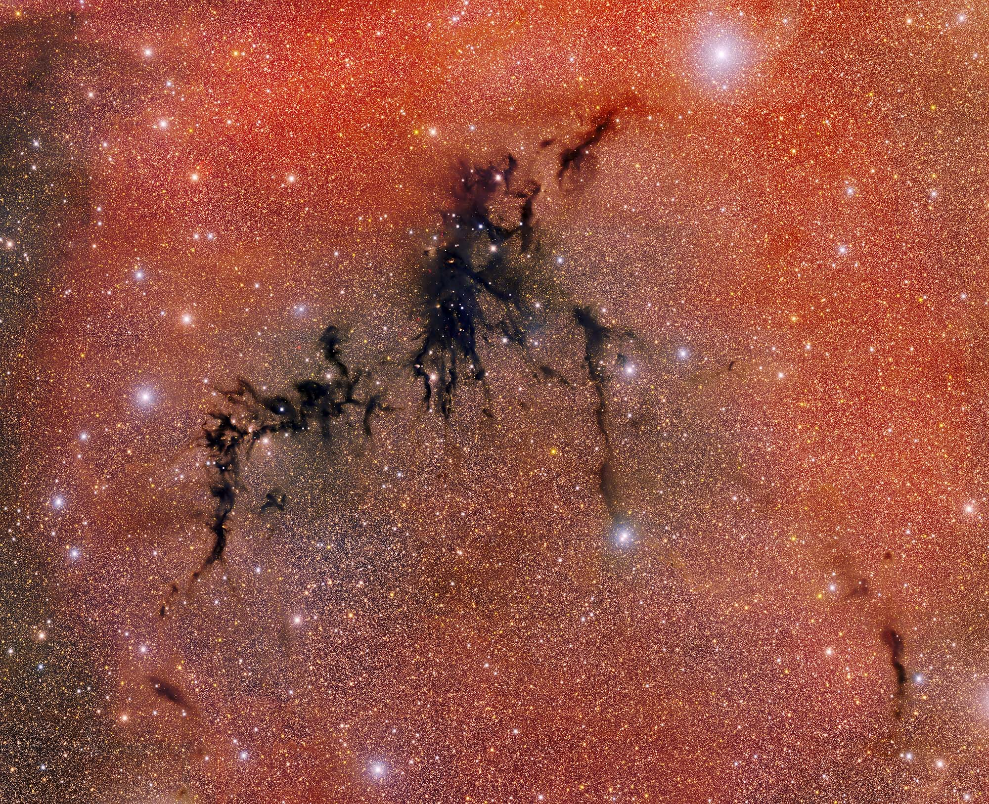 An overall red glittery image with a dark back crack running diagonally through it.