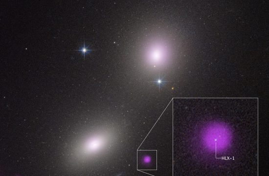 Two elliptical galaxies at upper right and lower left appear as fuzzy white ovals. At bottom center is a fuzzy purple blob outlined by a white box. White lines angle outward from the corners of the box to a blow-up of the purple blob. At the center is a white dot labeled HLX-1. The main image also has two bright stars with prominent diffraction spikes. The background of space is black, and is speckled with tiny white dots.