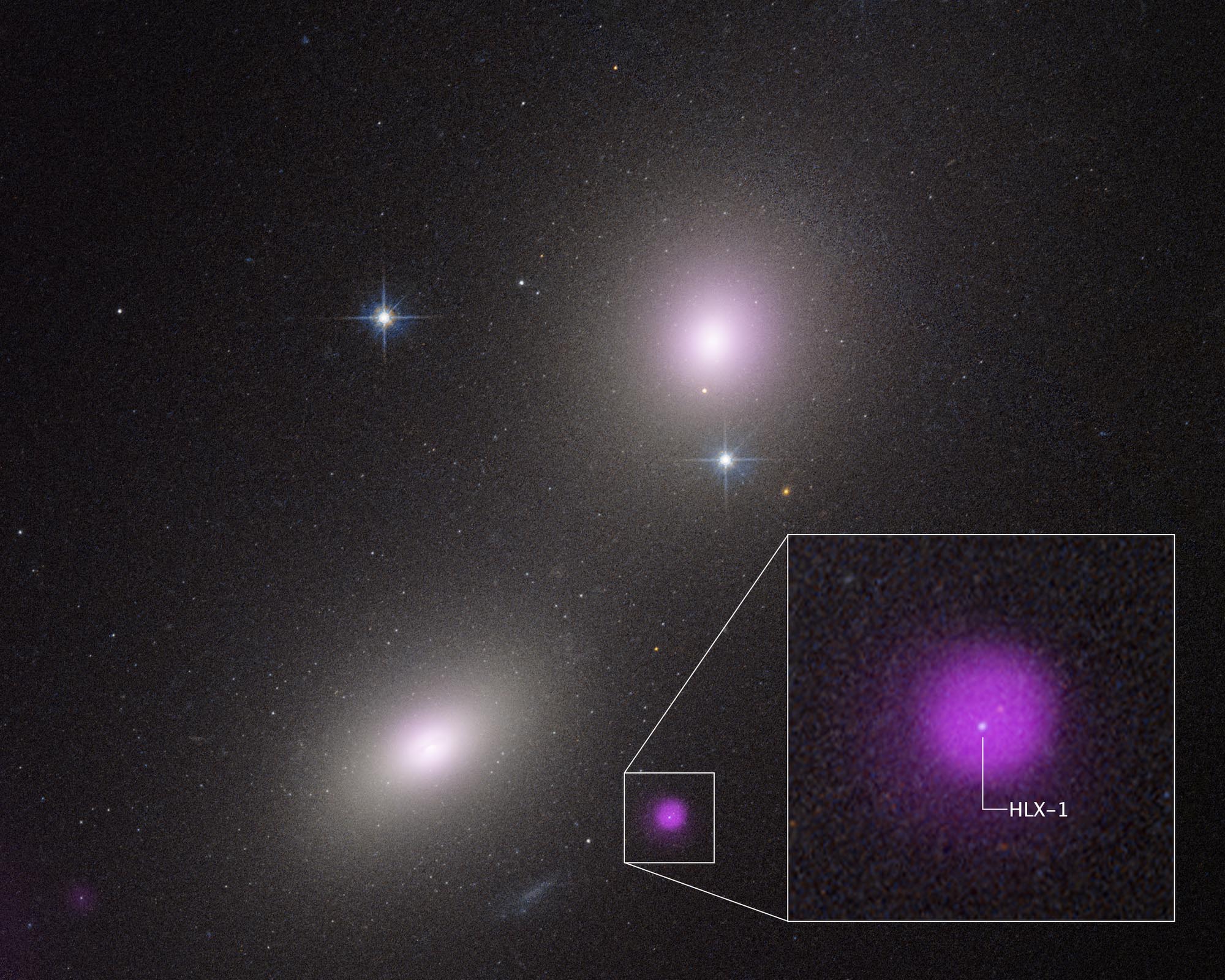 Two elliptical galaxies at upper right and lower left appear as fuzzy white ovals. At bottom center is a fuzzy purple blob outlined by a white box. White lines angle outward from the corners of the box to a blow-up of the purple blob. At the center is a white dot labeled HLX-1. The main image also has two bright stars with prominent diffraction spikes. The background of space is black, and is speckled with tiny white dots.