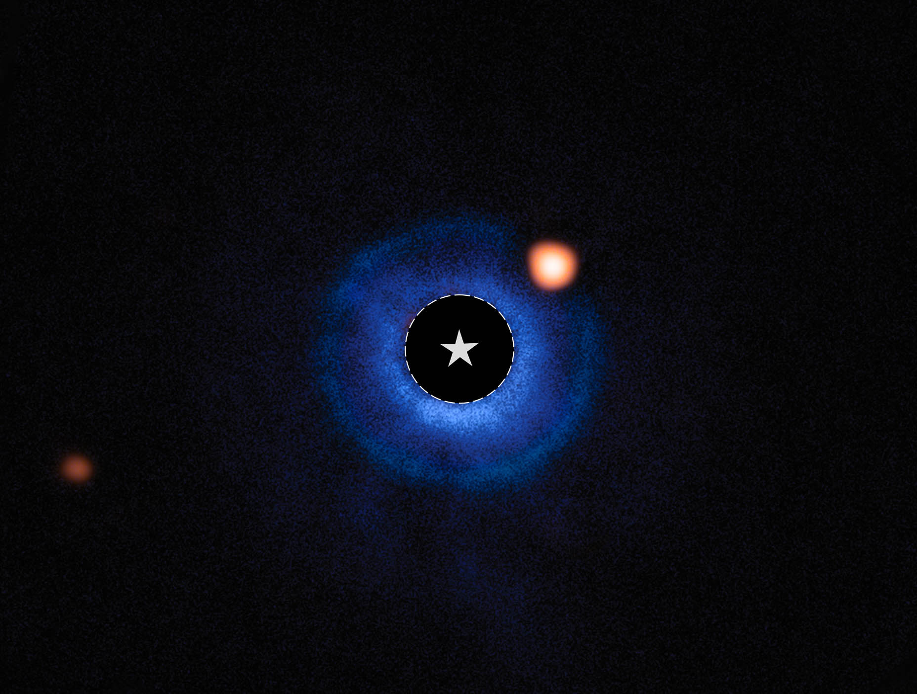 An image of a nearby star and its vicinity. The star itself has been blocked out and its bright light has been removed, appearing black. A dashed circle with a star symbol at the center of the image marks the star’s location. A fuzzy blue disk surrounds the star. An orange spot, near the star and inside this disk around 2 o’clock, is identified as a planet orbiting the star. A fainter orange spot at the lower left edge marks a distant star.