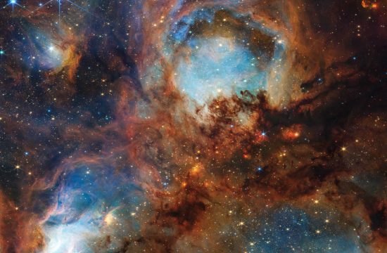 A section of the Cat’s Paw Nebula, a local star-forming region composed of gas, dust, and young stars. Four roughly circular areas are toward the center of the frame: a small oval toward the top left, a large circle in the top center, and two ovals at bottom left and right. Each circular area has a luminous blue glow, with the top center and bottom left areas the brightest. Brown-orange filaments of dust, which vary in density, surround these four bluish patches and stretch toward the frame’s edges. Small zones, such as to the left and right of the top-center blue circular area, appear darker and seemingly vacant of stars. Toward the center are small, fiery red clumps scattered among the brown dust. Many small, yellow-white stars are spread across the scene, some with eight-pointed diffraction spikes that are characteristic of Webb. A few larger blue-white stars with diffraction spikes are scattered throughout, mostly toward the top left and bottom right. In the top right corner is a bright red-orange oval.