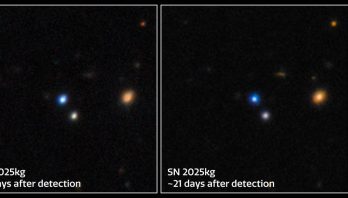 Gemini North and Gemini South Capture the Fading Light of SN 2025kg. Three panel image shows how the light faded with time.