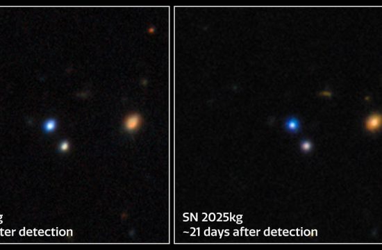 Gemini North and Gemini South Capture the Fading Light of SN 2025kg. Three panel image shows how the light faded with time.