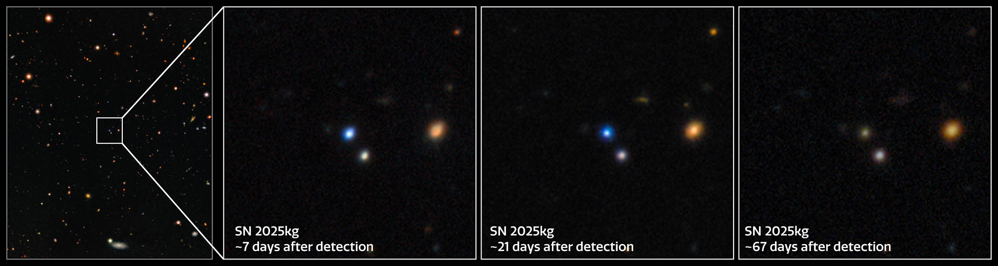 Gemini North and Gemini South Capture the Fading Light of SN 2025kg. Three panel image shows how the light faded with time.