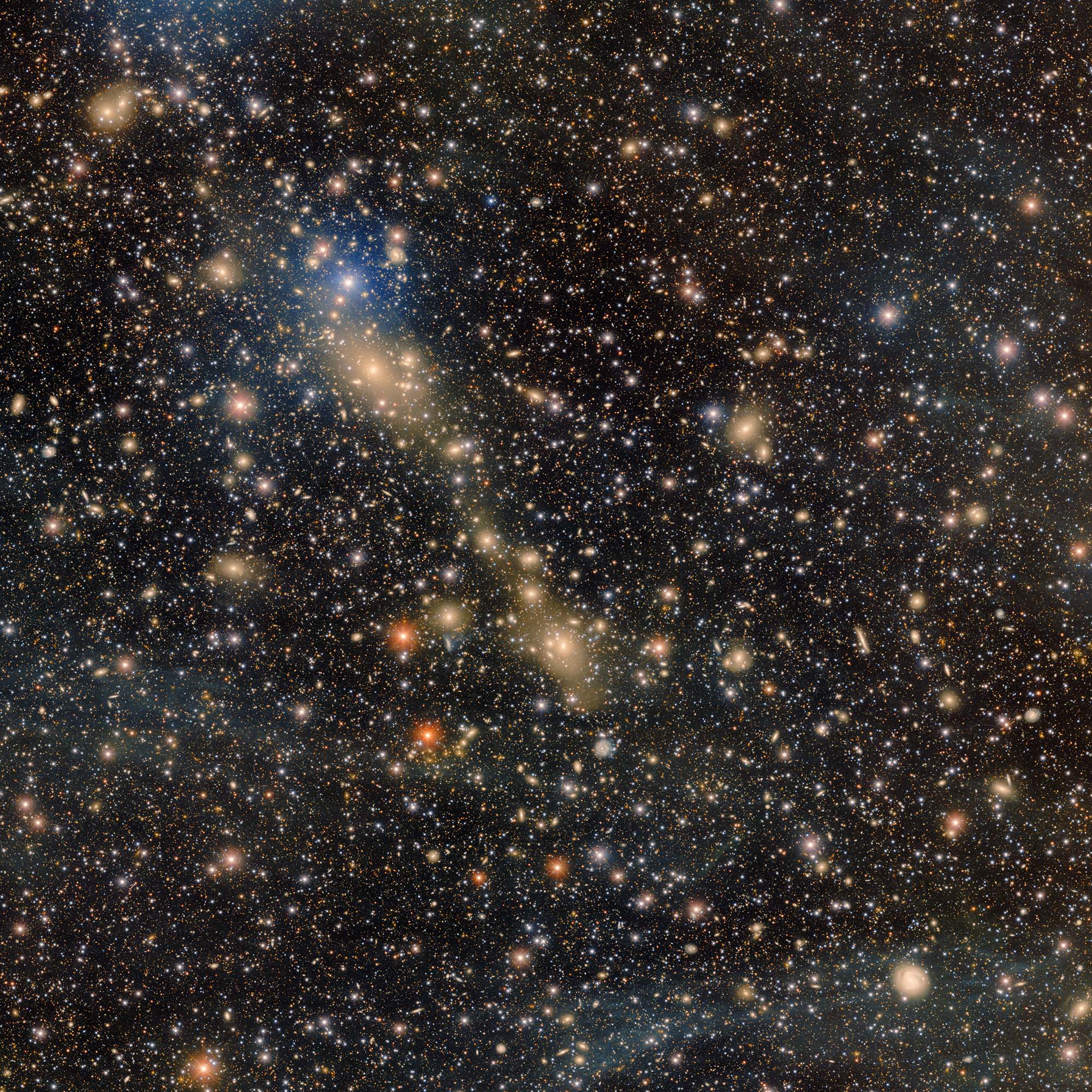 A glittering diagonal group of glowing yellow galaxies shine out of the image filled with glowing points of light. 