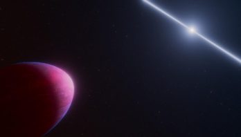 llustration labeled “artist’s concept” at right bottom corner. At left bottom corner, a partially illuminated, lemon-shaped exoplanet appears against a black background. This planet is most brightly illuminated at its elongated tip on its right side. On the left side, which is wider, the planet trails off into the darkness of the background. The planet is colored in varying, mottled shades of red, light pink, and fuchsia. Most of the pink occurs closest to the tip, while most of the fuchsia is at the top and bottom edges. At right top corner, a white beam emanates diagonally, oriented from 10 o’clock to 4 o’clock, from either side of a small, glowing, white star.
