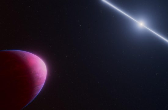 llustration labeled “artist’s concept” at right bottom corner. At left bottom corner, a partially illuminated, lemon-shaped exoplanet appears against a black background. This planet is most brightly illuminated at its elongated tip on its right side. On the left side, which is wider, the planet trails off into the darkness of the background. The planet is colored in varying, mottled shades of red, light pink, and fuchsia. Most of the pink occurs closest to the tip, while most of the fuchsia is at the top and bottom edges. At right top corner, a white beam emanates diagonally, oriented from 10 o’clock to 4 o’clock, from either side of a small, glowing, white star.