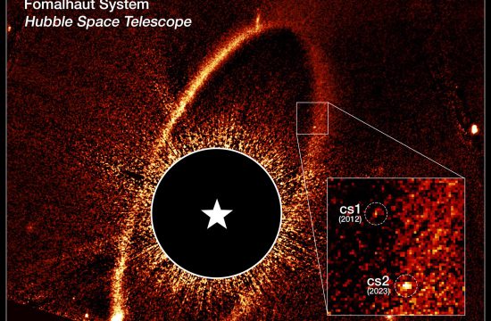Image labeled Fomalhaut system, Hubble Space Telescope. A grainy orange oval ring tilts slightly from upper right to lower left. At two o'clock, a white box outlines the ring's edge and white lines extend to a larger pullout box at lower right. Two spots inside the larger box are marked with dashed white circles and labeled cs1 2012 and cs2 2023. Inside the ring is a black circle with a white star symbol in the middle.