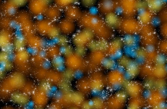 A scattering of white points, each representing a galaxy. Fuzzy circles colored orange, yellow-green, and blue show voids of various sizes where there are few galaxies.