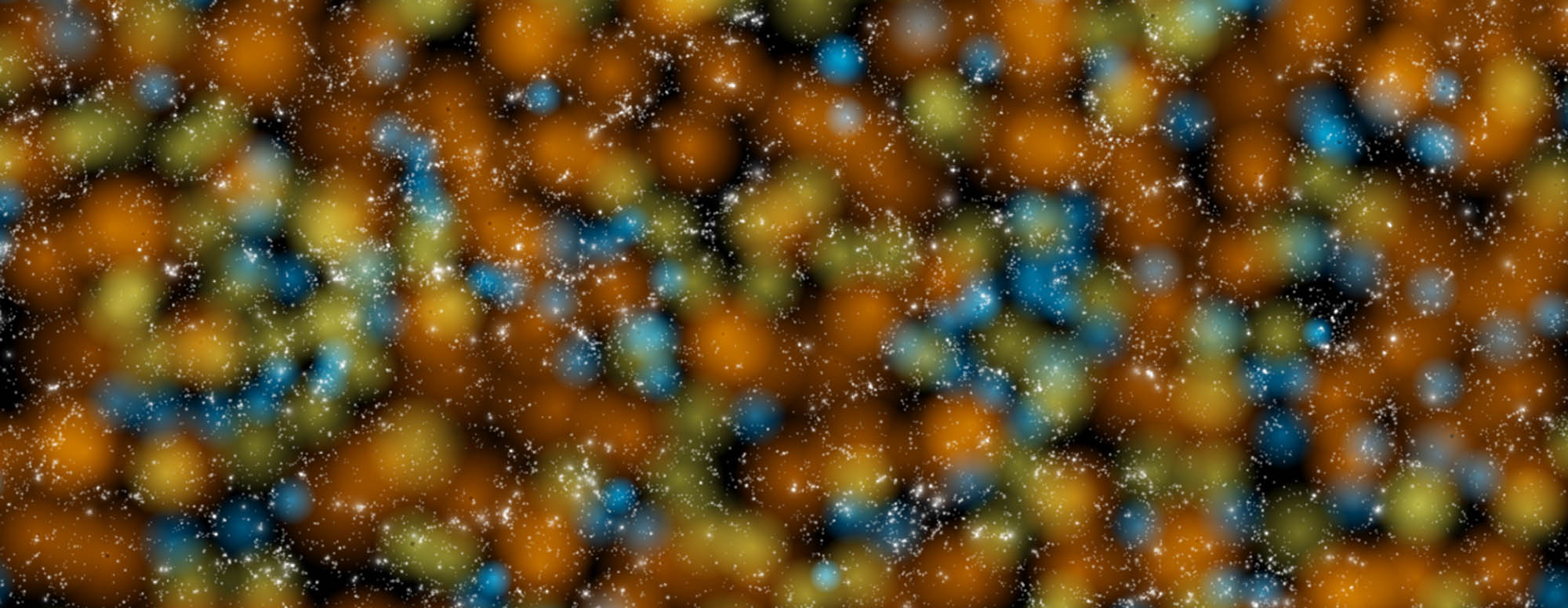 A scattering of white points, each representing a galaxy. Fuzzy circles colored orange, yellow-green, and blue show voids of various sizes where there are few galaxies.