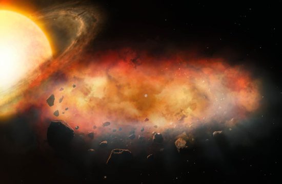 Artist illustration of a yellow star with rungs around it. to the tight of the star is a orange cloud.