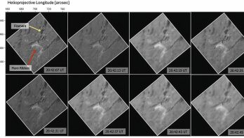 a series of 8 greyscale diamond shaped images of a solar flare on a black background in 2 rows of 4.