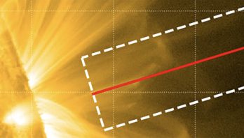 Close up of the Sun with a dotted rectangular white box over the a part of the outer portion. There is a red line through the white box lengthwise.