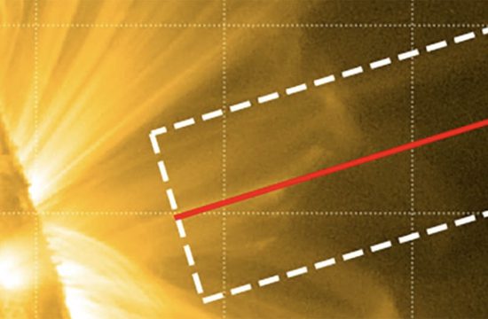 Close up of the Sun with a dotted rectangular white box over the a part of the outer portion. There is a red line through the white box lengthwise.