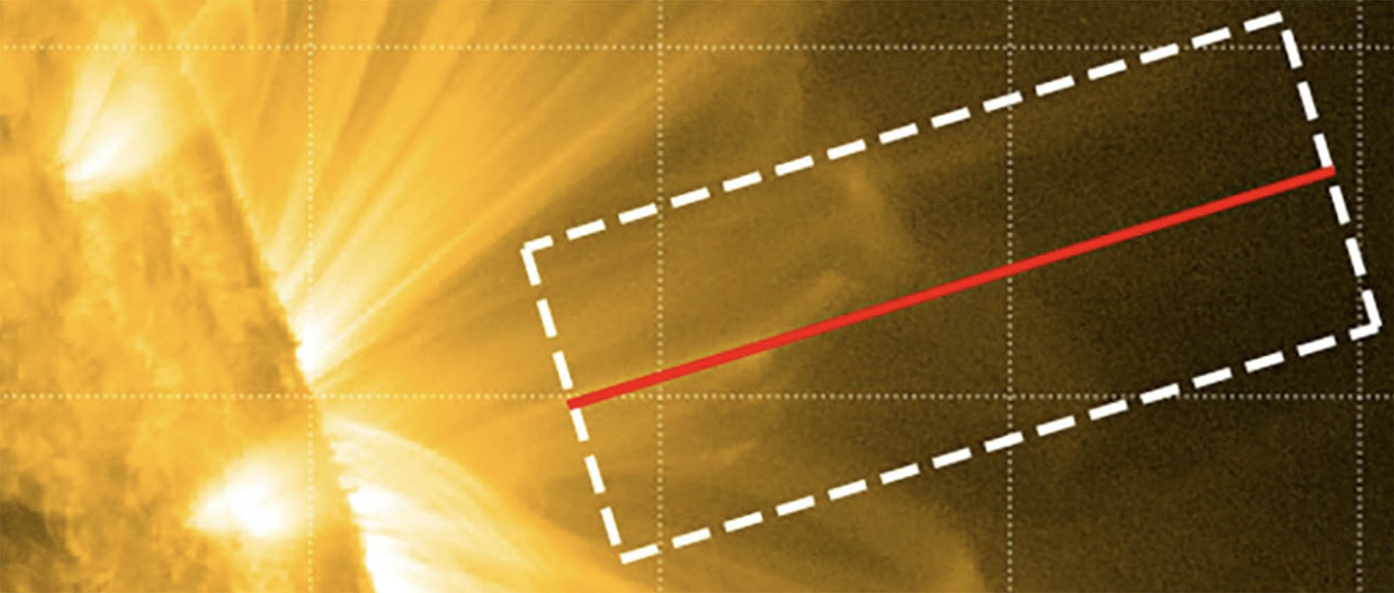 Close up of the Sun with a dotted rectangular white box over the a part of the outer portion. There is a red line through the white box lengthwise.