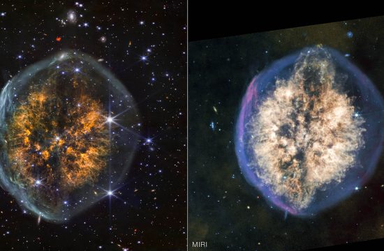 Side-by-side images of the same nebula show how differently it appears in near-infrared, on the left, versus mid-infrared light, on the right. Left image is labeled NIRCam and the right is labeled MIRI. In near-infrared, the nebula’s outer bubble has a white edge and its inner clouds are orange, with a distinct dark lane cutting vertically through the center. Stars and background galaxies appear around the nebula and through the outer bubble. In mid-infrared, the outer bubble has a bluish tint and there is more material in the inner clouds, which are colored off-white. The vertical dark lane is still present but more interrupted and covered by the clouds. Material appears to be erupting out the top of the nebula, and this effect is mirrored to a lesser degree at the bottom, opposite end.