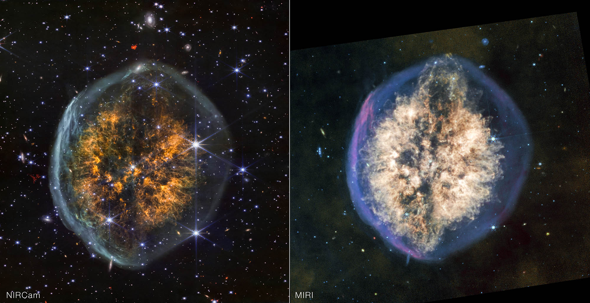 Side-by-side images of the same nebula show how differently it appears in near-infrared, on the left, versus mid-infrared light, on the right. Left image is labeled NIRCam and the right is labeled MIRI. In near-infrared, the nebula’s outer bubble has a white edge and its inner clouds are orange, with a distinct dark lane cutting vertically through the center. Stars and background galaxies appear around the nebula and through the outer bubble. In mid-infrared, the outer bubble has a bluish tint and there is more material in the inner clouds, which are colored off-white. The vertical dark lane is still present but more interrupted and covered by the clouds. Material appears to be erupting out the top of the nebula, and this effect is mirrored to a lesser degree at the bottom, opposite end.