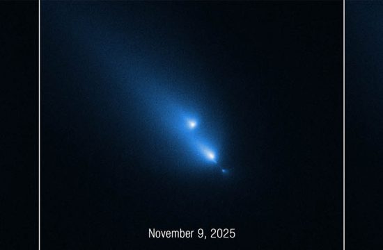 A time sequence of three panels side by side. From left to right, the panels are labeled November 8, 2025; November 9, 2025; and November 10, 2025. This series of images from NASA’s Hubble Space Telescope of the fragmenting comet C/2025 K1 (ATLAS), or K1 for short, was taken over the course of three consecutive days. The sequence shows the progressive disintegration of the comet over this brief period. Each panel features several bright, fuzzy, blue, streaking lights in a diagonal line from the upper left to the lower right of a black background. In the first panel, four comet-like objects appear. The largest is the second from the upper left. In the second panel, the largest object has broken into two pieces. In the third panel, the pieces appear to be moving away from each other along the invisible diagonal line.