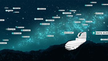 This artist’s illustration represents the start of the alert stream from NSF–DOE Vera C. Rubin Observatory. The summit facility is shown on a rocky ridge. The night sky features stars and the glittering band of the Milky Way Galaxy. The sky is populated with multiple alert “pings,” representing individual alerts from Rubin that something in the sky has changed in brightness or position. Different icons represent various types of alerts, including asteroids, supernovae, active galactic nuclei, and variable stars.