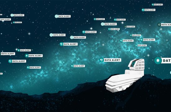 This artist’s illustration represents the start of the alert stream from NSF–DOE Vera C. Rubin Observatory. The summit facility is shown on a rocky ridge. The night sky features stars and the glittering band of the Milky Way Galaxy. The sky is populated with multiple alert “pings,” representing individual alerts from Rubin that something in the sky has changed in brightness or position. Different icons represent various types of alerts, including asteroids, supernovae, active galactic nuclei, and variable stars.