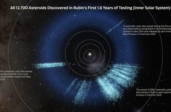 A rendering of the inner Solar System showing the asteroids discovered by Rubin in light teal. Known asteroids are dark blue. The rendering shows a total of almost 12,700 asteroids that were discovered with Rubin over the span of 1.6 years: 73 were discovered during the first early test observations using Rubin’s Commissioning Camera in late 2024 and released as part of Rubin’s Data Preview 1 in Summer 2025; 1514 were discovered during First Look observations in April and May 2025; and the recent 11,000+ asteroids were discovered using observations taken during Rubin’s early optimization surveys in Summer 2025. These are the locations of objects at the time of each object’s discovery. In the time since discovery, the objects have continued in their orbits around the Sun and dispersed from the narrow “pencil beam” rays seen in this graphic. See this in the animation of the model here