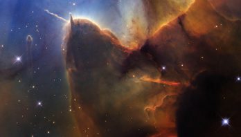A tightly cropped Hubble view of a vast star-forming region known as the Trifid Nebula. The top left is bright blue. Brown and amber colors run from top right through the center in irregular, overlapping lines to the bottom-center. At bottom right, the view is almost black. Tiny, amber-colored stars appear throughout the scene. Toward the left there is a prominent brown shape that looks like a head with two horns. The left horn points left and is wavy. The right horn is triangular and points up. The brown dust continues, flowing down, as if along a back, and up toward the top right. A prominent line, about the same length as the left horn, appears below the middle of the body, and changes from orange to red. A small, separate semi-transparent pillar is left of the head. A few slightly larger, blue foreground stars with four diffraction spikes appear throughout.