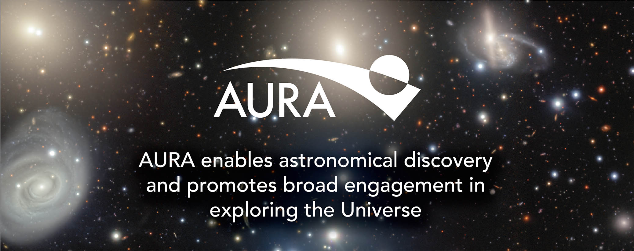 AURA logo and text over a starry background with swirling galaxies
