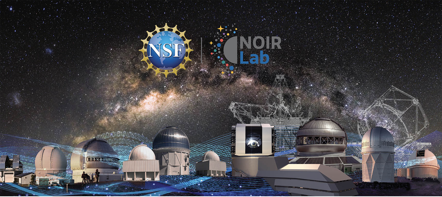 Montage of telescopes with the arc of the Milky Way behind them.