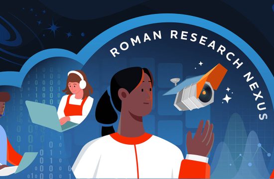 Illustration shows four people at work within the outline of a large cloud. At center is a woman with a ponytail and dark skin whose hand is raised and close to the Roman Space Telescope body floating in space next to small white stars. The words, Roman Research Nexus, arc above the pair under the cloud outline. To her left are two other people, one with darker skin who is wearing headphones and writing and another with lighter skin, also with headphones, at a laptop. At right is a man with glasses, short wavy brown hair and light skin who is looking left, toward the telescope. In the background within the cloud shape, there are zeros and ones falling in the left third. At center is part of an outline of Roman’s camera’s field of view, and at right are representations of charts. Above the cloud is a darker background with simpler dark blue shapes. From left to right, they show a sphere following a path, a large spiral galaxy, a large ringed planet, and an object with diffraction spikes.
