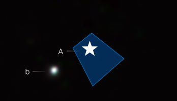 A black square labeled “29 Cyg” at upper right. In the middle, a white star symbol is surrounded by a small blue trapezoid that widens from upper left to lower right of the star. The star is labeled with a capital A. The trapezoid indicates where the star’s light has been blocked by a coronagraph. To the star’s left beyond the blue trapezoid at 8 o’clock is a fuzzy white blob labeled with a lower-case b.