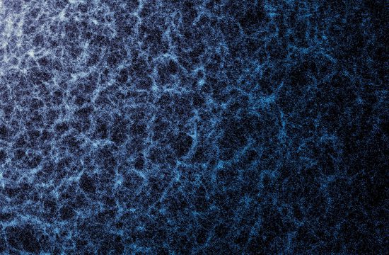 Light interconnected filaments on a dark background creates an interconnected structure. The color of the background graduates from lighter in the top left corner to darkest in the bottom left corner.