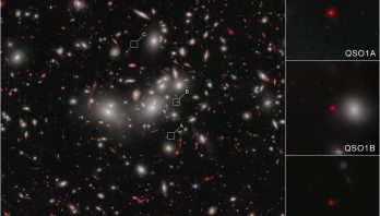 Space telescope image showing hundreds of bright objects of different size, color, and shape on the black background of space. Colors range from white to deep red. Shapes include elliptical, spiral, dot-like, dash-like, and arcuate. Many of the large objects near the center of the image are fuzzy white, with bright white cores. Many smaller objects scattered throughout the image are pink to red. Three objects in the central part of the image are called out with small white boxes: A box labeled “C” at about 12 o’clock; one labeled “B” at 3 o’clock; and a box labeled “A” at 4 o’clock. Images of the three objects are enlarged in boxes running vertically along the right. From top to bottom these are labeled QSO1A, QSO1B, and QSO1C. At the center of each box is a tiny, circular red dot. QSO1A (top) is notably larger, brighter, and clearer than the other two. QSO1B, in the middle, is smallest and fuzziest, and is somewhat washed out by the light of a larger white object next to it.