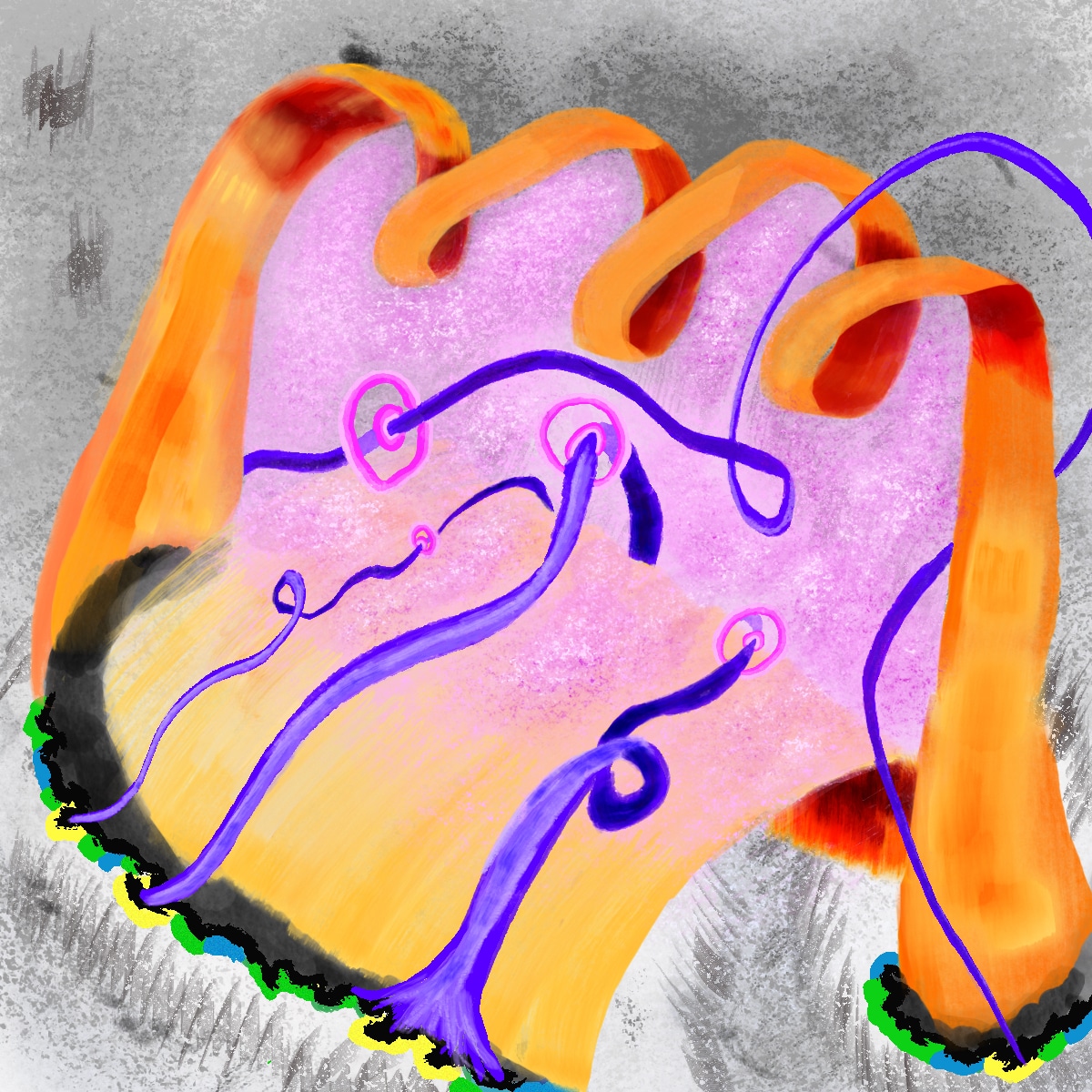 Illustration showing orange looping ribbons over a pink area that fades to yellow. There are purple rope-like lines over the pink/yellow area.