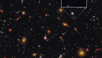 Thousands of galaxies appear across the black background of space. The galaxies range in size, from big blobs and larger face-on spirals to short lines and tiny dots. The galaxies appear in a variety of colors, including orange, white, pink, and blue. One prominent foreground star appears toward the lower right with several diffraction spikes. A white square highlights one tiny pinpoint of blue light in the top third, which is blown up in a box above it and labeled MXDFz4.4. The galaxy has a light blue core with some yellow and red blotches around its edges.